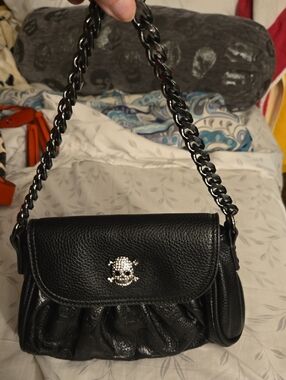 Black Leather Chain Shoulder Bag with Crystal Skull Accent